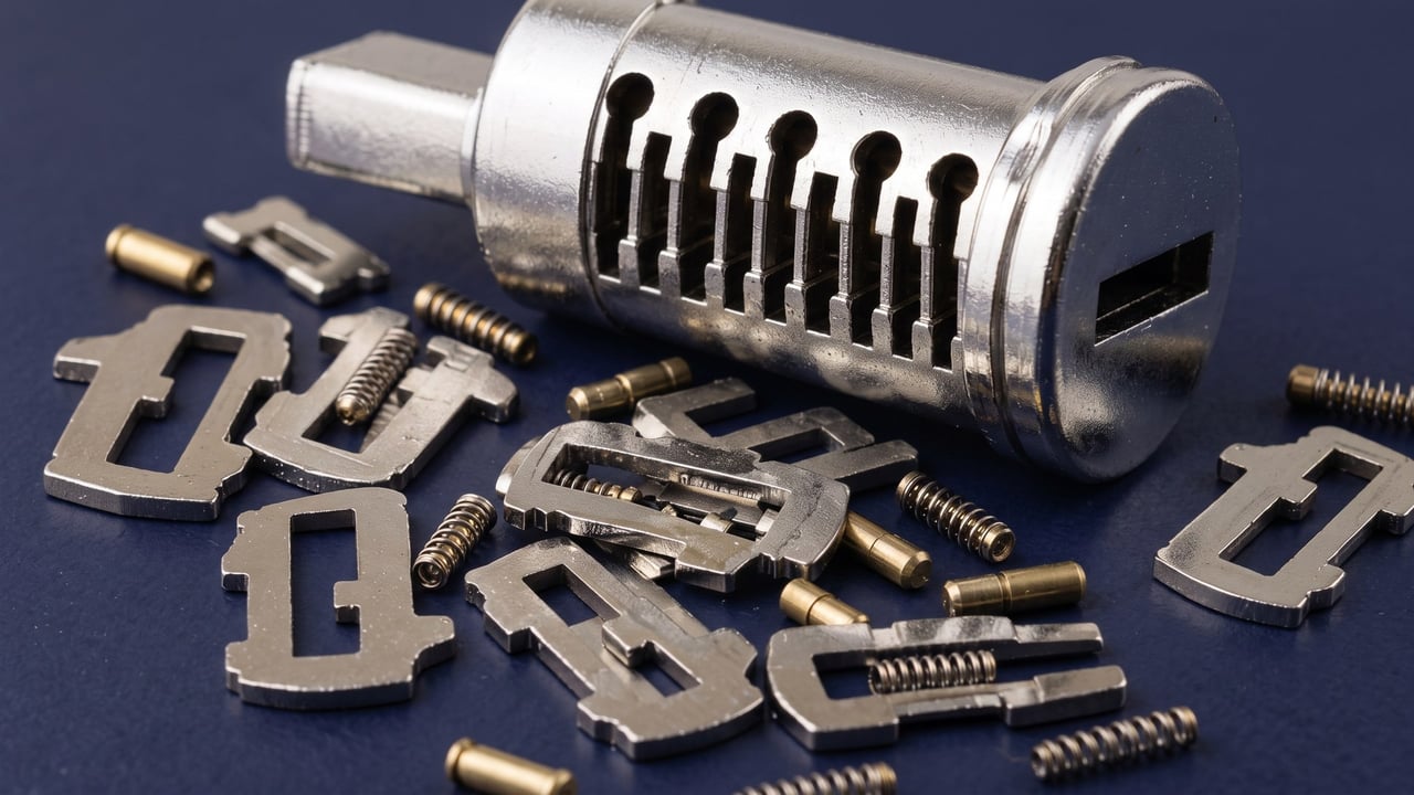 Lock cylinder with its pins and springs laid out beside it