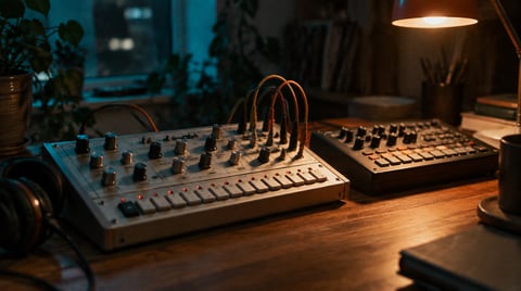 Close-up of a Roland TB-303 bass synthesizer with its distinctive silver casing and array of knobs and buttons