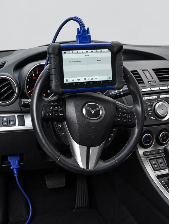 Locksmith programming a key at a Mazda, tablet cabled to the OBD port
