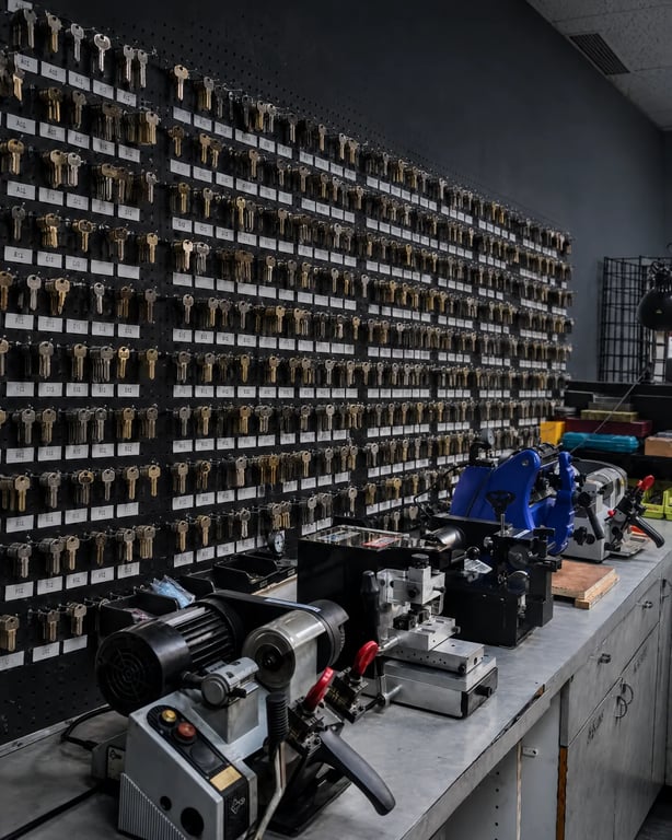 Key-cutting machines in front of a wall of cut keys on a black pegboard