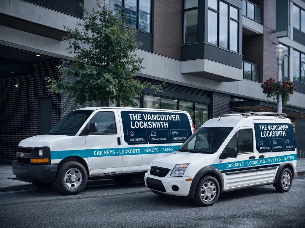 Two Vancouver Locksmith vans on a downtown street
