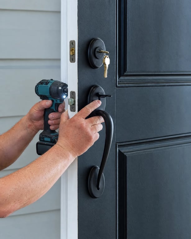 Locksmith installing a new deadbolt and handleset on a front door in a Vancouver home