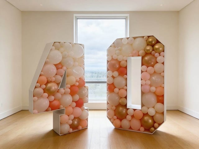 Giant mosaic number 40 frames filled with blush, cream, coral and gold balloons in a Vancouver room