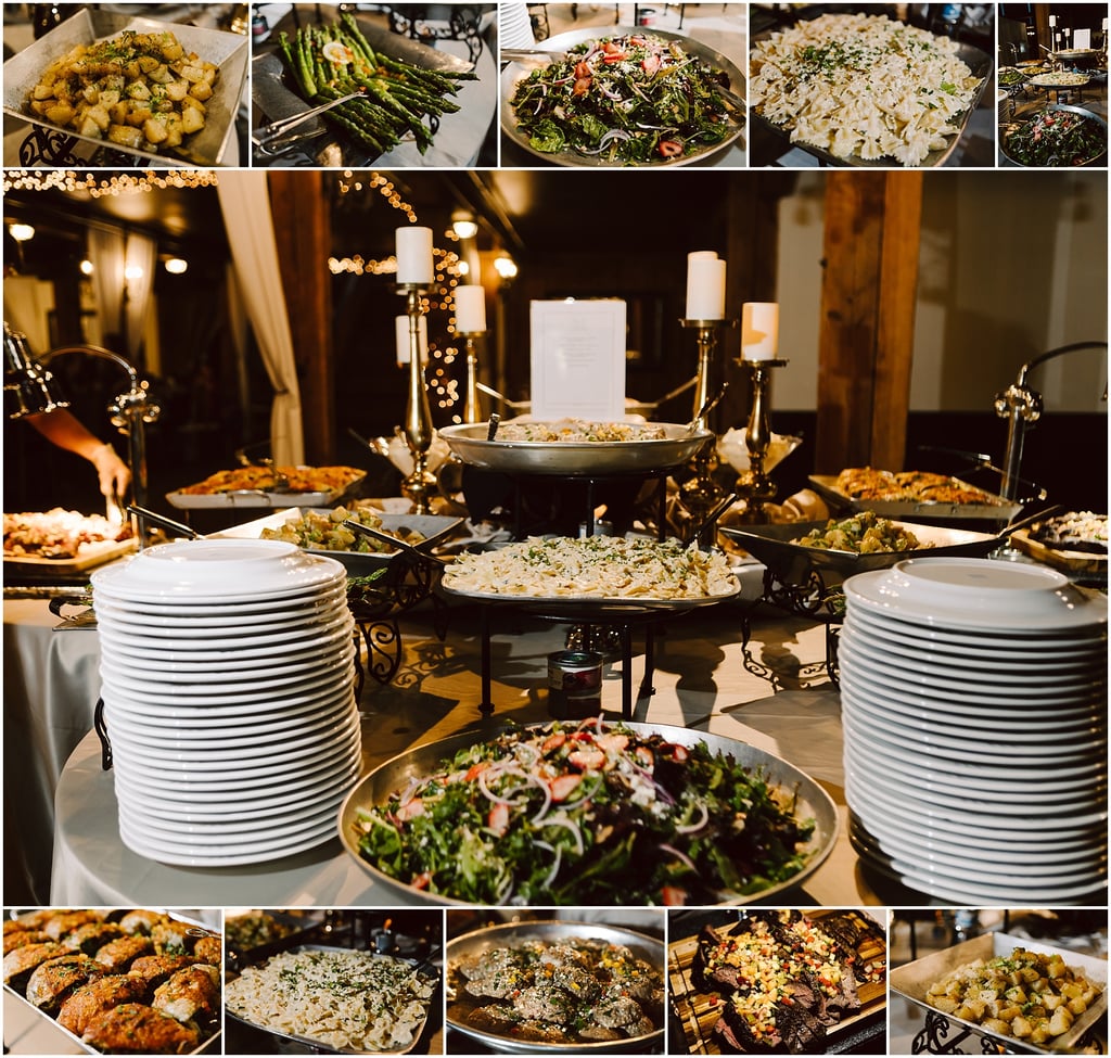 Assorted buffet dishes in a banquet setting: colorful salads, roasted potatoes, and pasta trays on a long table with plates ready to serve.
