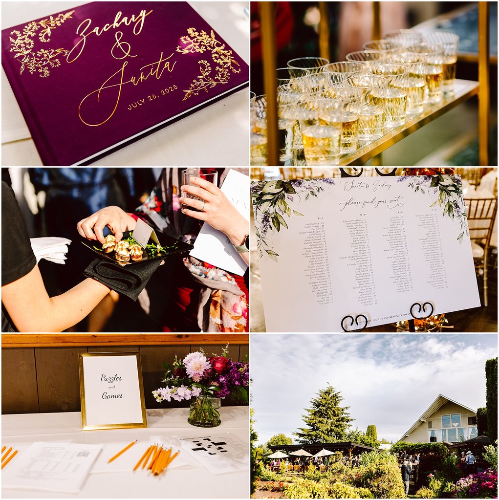 Collage from a wedding reception: purple guest book, champagne glasses, guests with hors d'oeuvres, a seating chart, a 'Puzzles and Games' sign, flowers, and an outdoor garden area.