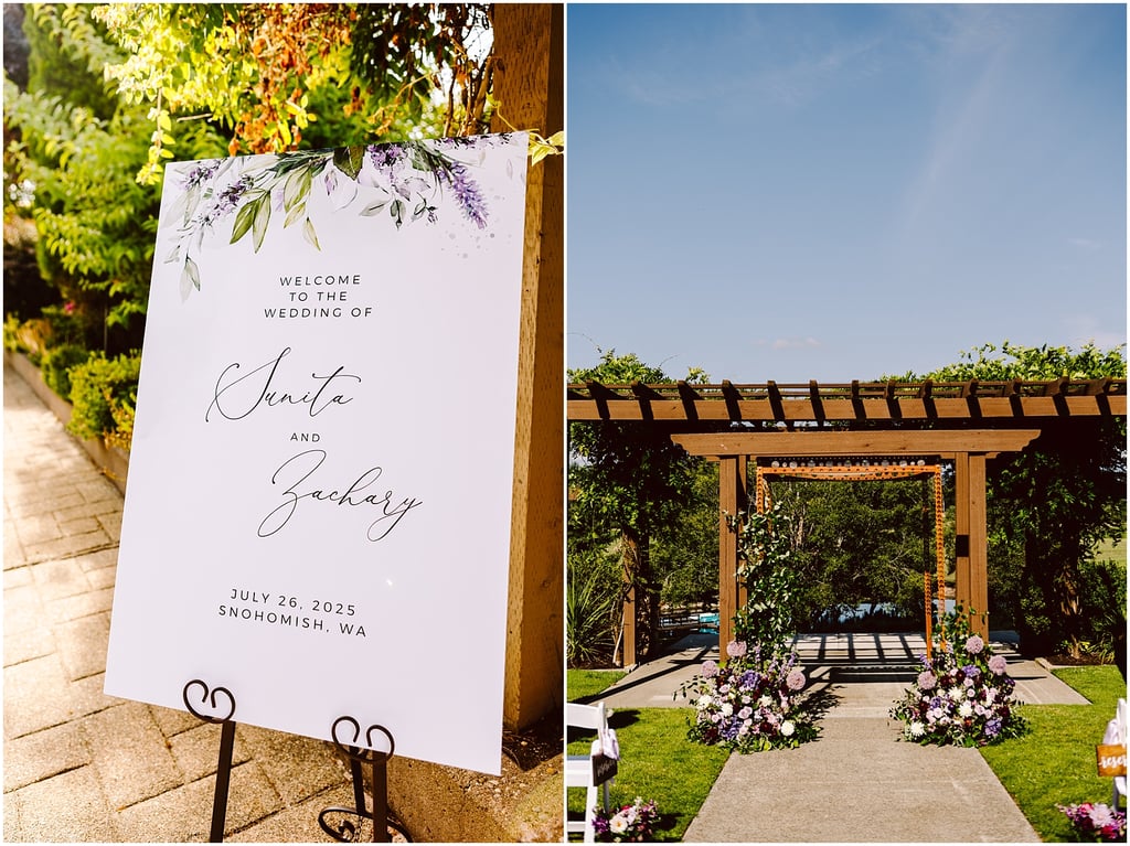 Left panel shows a large white wedding welcome sign with leafy floral border, outdoors; right panel shows a wooden pergola over a flower-lined aisle against a blue sky.