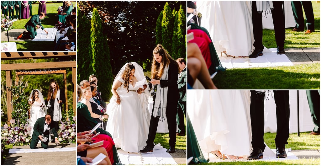 Bride in a white gown and groom in a dark suit stand on a white runner as they exchange vows outdoors with guests watching.