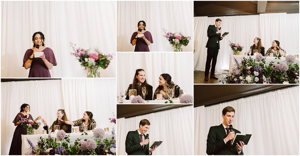 Woman in a purple dress speaks into a microphone while reading notes at a wedding reception, with a floral arrangement nearby.