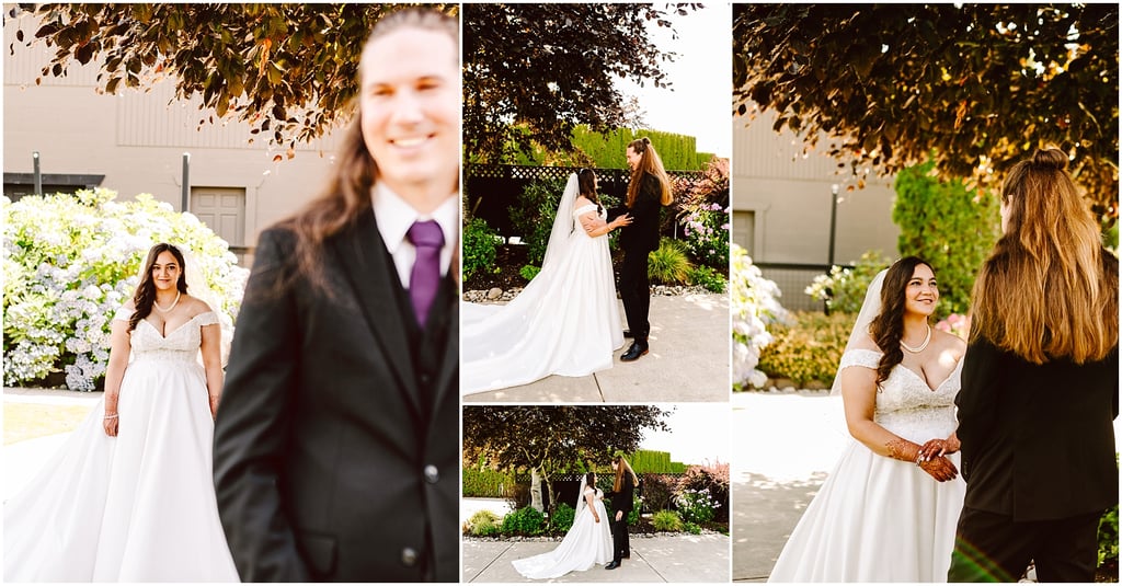 Three-panel wedding collage: bride in a white gown with veil in a garden, with a groom blurred in the foreground.