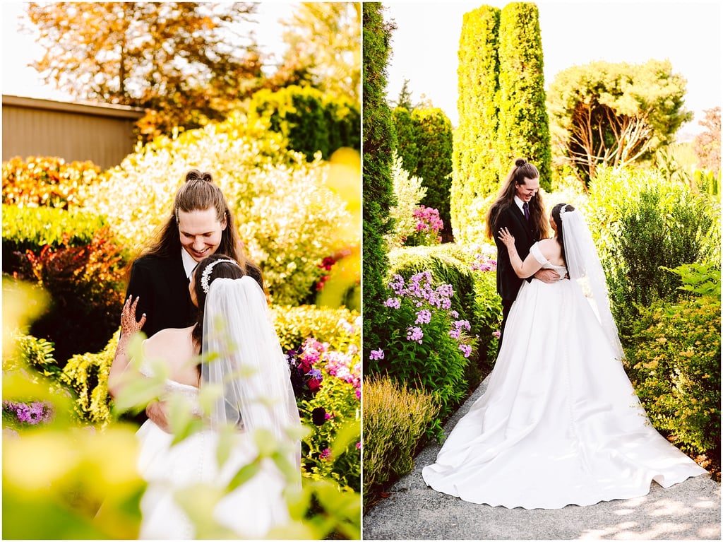 Bride and groom embrace in a sunny, flower-filled garden; a two-panel collage shows close-up on the left and full-body shot on the right, both amid vibrant blooms.