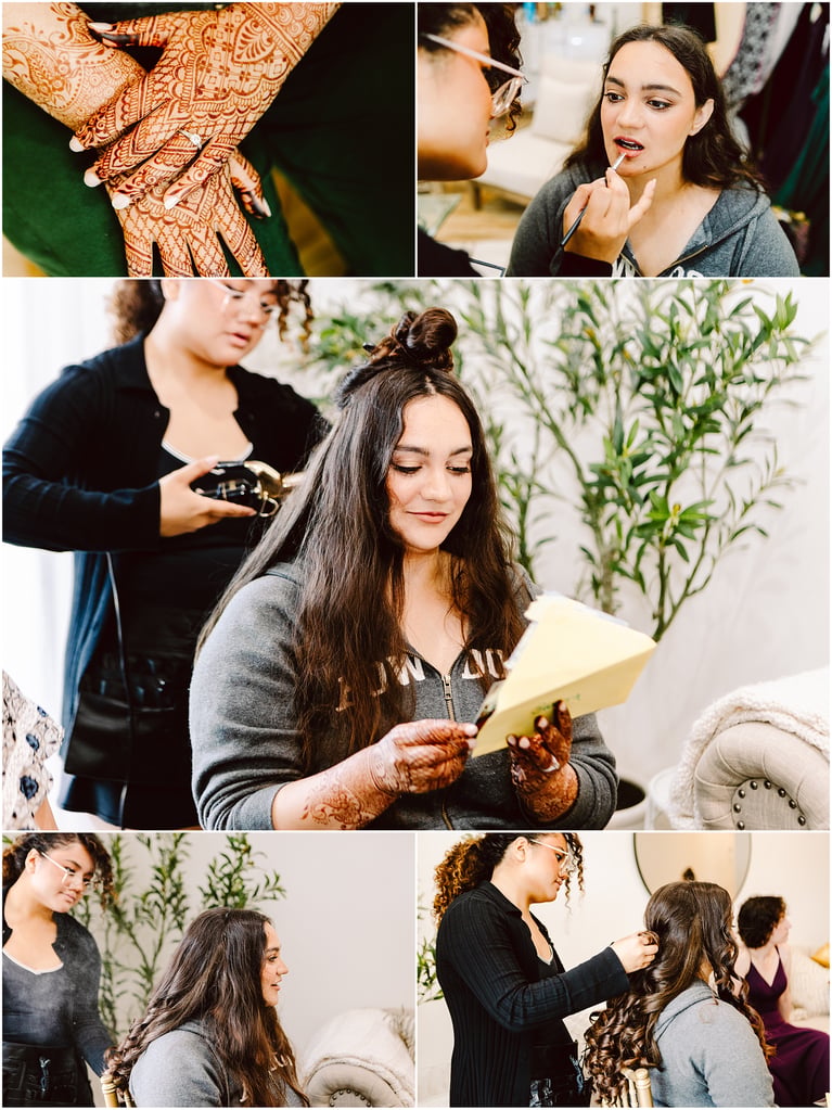 Collage of a beauty session: hennaed hands, makeup application, and a woman with long hair in a bright salon.