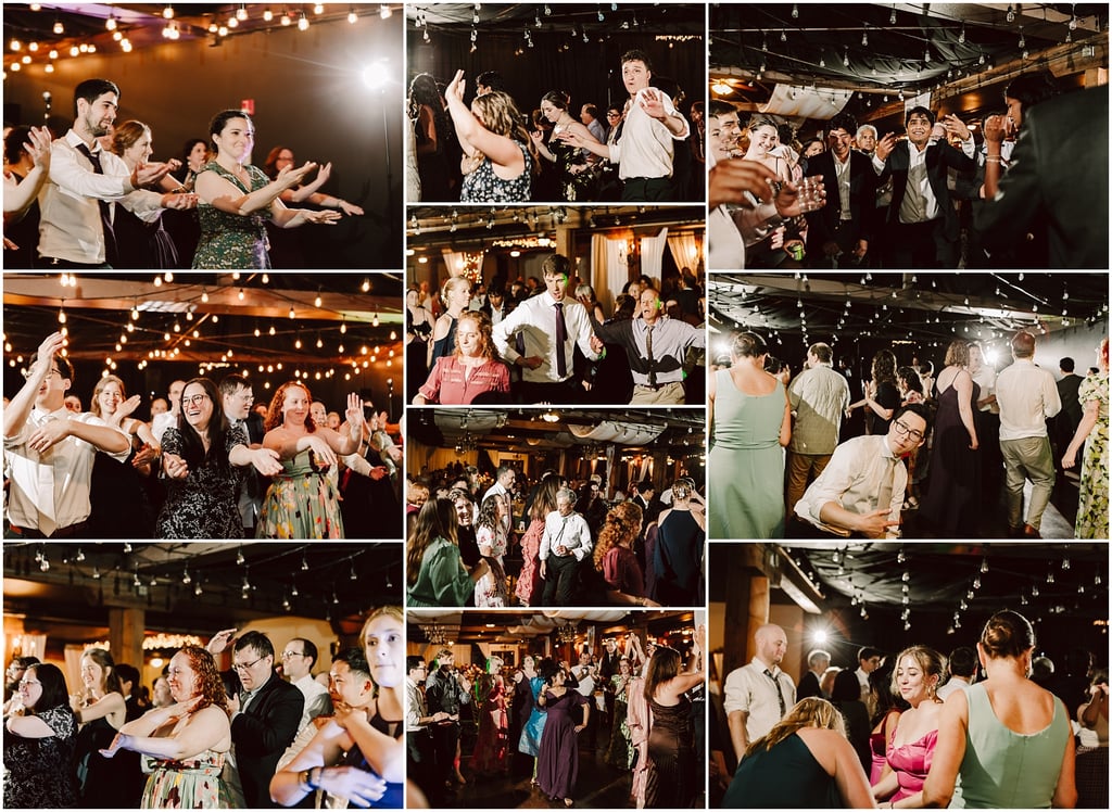 People dancing closely at a festive indoor party under warm hanging lights.