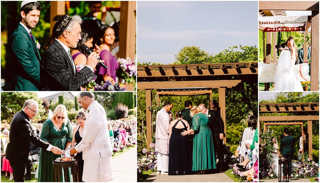 Collage of a sunny outdoor wedding: officiant speaking, guests, and bridal party under a wooden arbor.