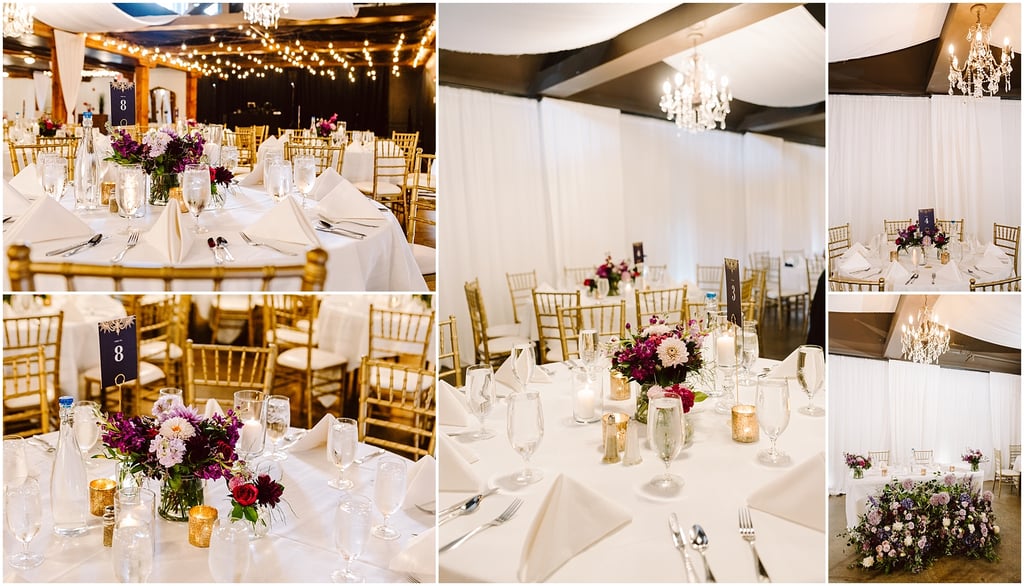 Elegant wedding reception tables with white linens, gold chairs, and purple-pink floral centerpieces under warm string lights.