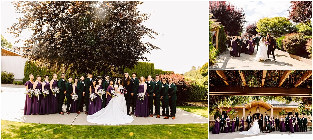 Wedding party group photo outside: bride in a white gown, bridesmaids in purple dresses, groomsmen in green suits with bouquets, sunny day under trees.