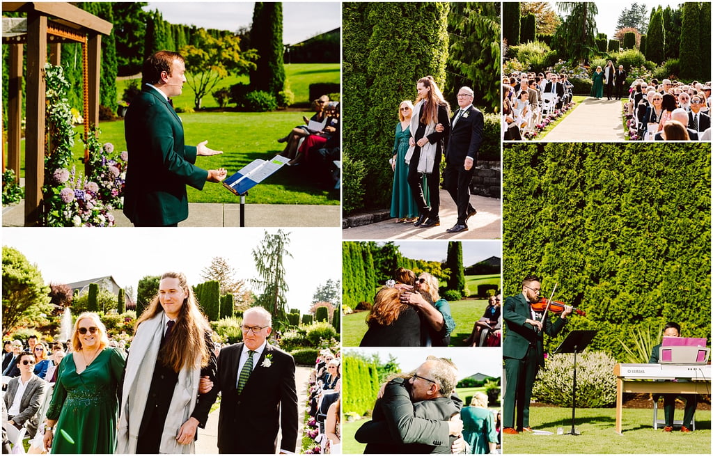 Outdoor garden wedding collage: a speaker at a lectern addresses guests, with green lawn and flowers in the background; guests seated along the aisle; bridesmaids and family walking down a side path; cheering guests and a violinist performing near a keyboard; lush hedges and formal garden setting visible throughout. (Summary of ceremony and reception moments)