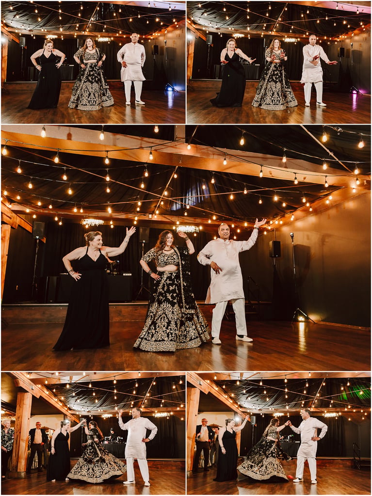 Dancers perform on a wooden floor under warm string lights; two women in black outfits and a man in white chantni-style attire pose mid-dance.