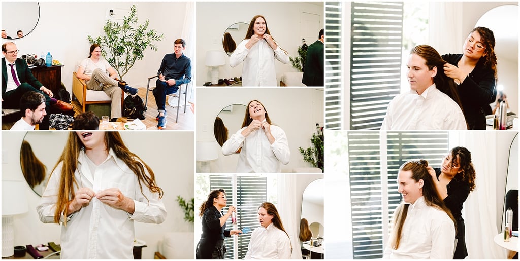 Collage of wedding-prep scenes: friends relaxing and chatting as one person is helped with hair and a white shirt is adjusted in a bright room.