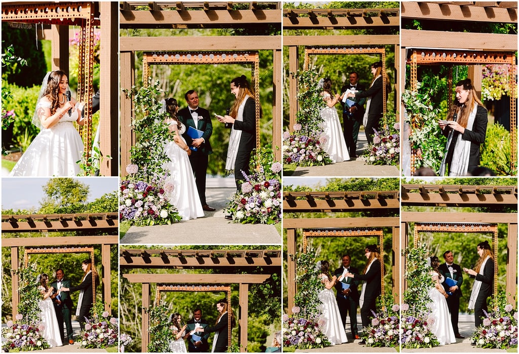 Outdoor wedding ceremony collage under a wooden arbor with floral arrangements and greenery, featuring the bride, groom, and officiant exchanging vows and rings.