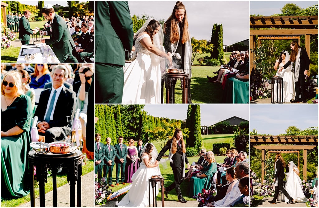 Outdoor garden wedding ceremony with bride and groom exchanging rings as guests watch under a bright sky, lush greenery in the background.