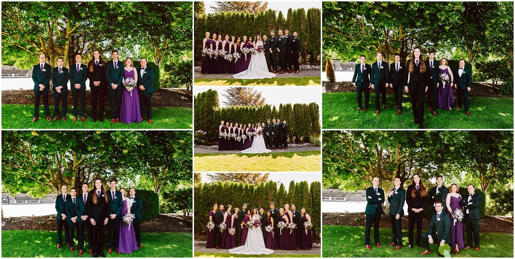 Group photo of the wedding party outdoors under trees, bridesmaids in purple dresses and groomsmen in dark suits with brown shoes.