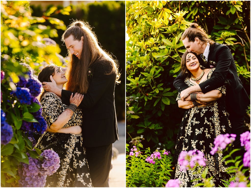 A tall man with long hair in a black suit embraces a woman in an ornate black and gold embroidery dress, smiling among purple hydrangeas in a sunlit garden (left panel).