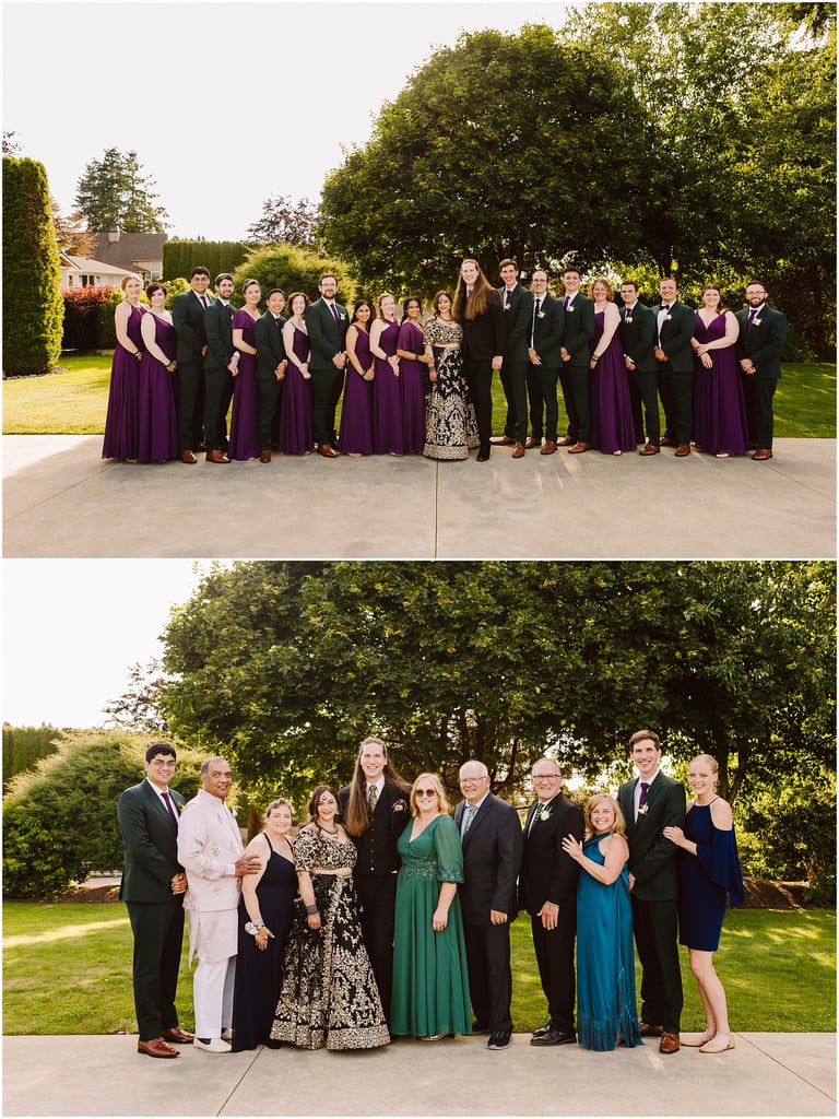 Outdoor group photo of a wedding party: bridesmaids in purple gowns, groomsmen in green suits, posing with the couple and family under a large tree.
