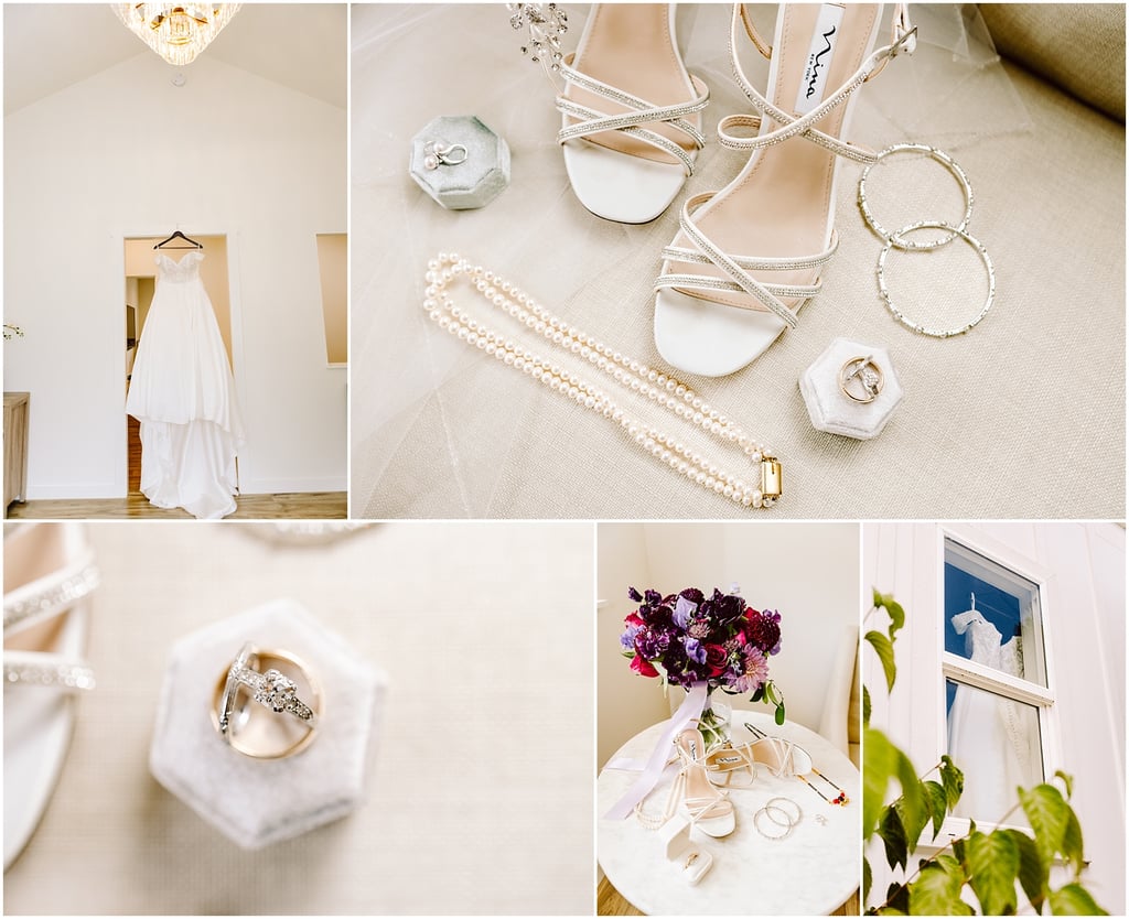 Collage of bridal details: wedding dress on a hanger, sparkling heels, jewelry, rings, and a bouquet on a light table and window scene, ready for the wedding.