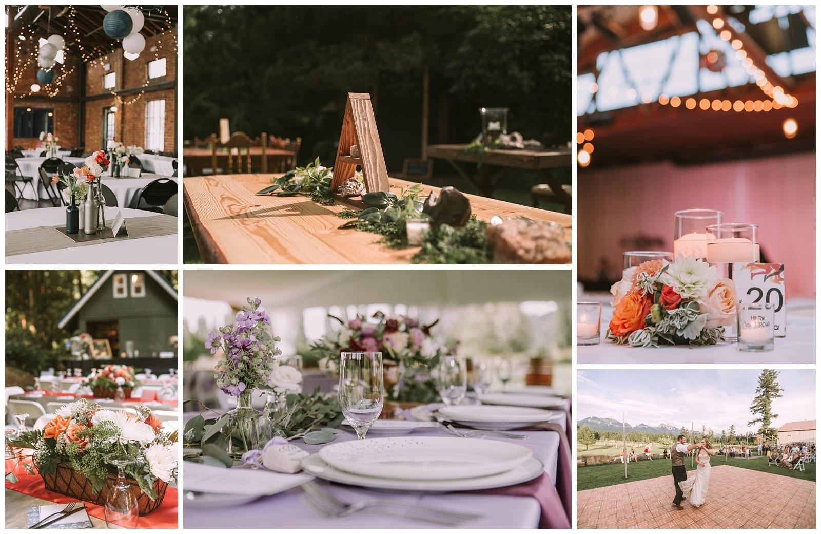 Premier Snohomish & Seattle Wedding Photographer | GSquared Weddings Photography A collage of Snohomish and Seattle wedding photos shows decorated tables with flowers and candles, an outdoor reception area, a wooden table centerpiece, and a dancing couple, set against both indoor and outdoor rustic venues. 47.9129° N, 122.0982° W | Serving Snohomish, Seattle , Orlando & Beyond