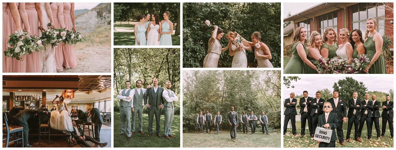 Premier Snohomish & Seattle Wedding Photographer | GSquared Weddings Photography A collage of Snohomish Seattle wedding party photos features bridesmaids in blush dresses, groomsmen in grey suits, playful moments, outdoor group shots, and a young boy in sunglasses holding a “Ring Security” briefcase. 47.9129° N, 122.0982° W | Serving Snohomish, Seattle , Orlando & Beyond