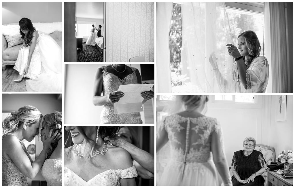 Premier Snohomish & Seattle Wedding Photographer | GSquared Weddings Photography A collage of black-and-white photos captures a Snohomish bride getting ready: having her dress adjusted, reading a letter, touching her veil by a window, sharing moments with loved ones, and an older woman watching—moments before her Seattle wedding. 47.9129° N, 122.0982° W | Serving Snohomish, Seattle , Orlando & Beyond