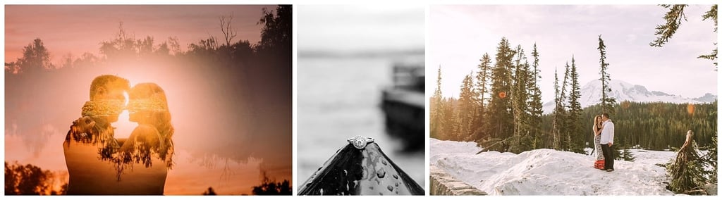 Premier Snohomish & Seattle Wedding Photographer | GSquared Weddings Photography A collage of three images: a couple’s silhouette blended with a Snohomish sunset, a close-up of an engagement ring on a wet surface, and a couple embracing in a snowy mountain landscape near Seattle. 47.9129° N, 122.0982° W | Serving Snohomish, Seattle , Orlando & Beyond