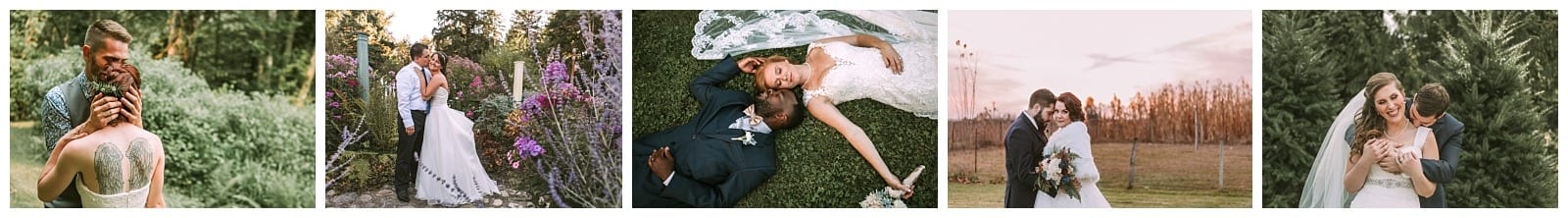 Premier Snohomish & Seattle Wedding Photographer | GSquared Weddings Photography A collage of five Snohomish wedding photos showing a bride and groom embracing, posing in gardens and outdoors, lying on grass, and sharing loving moments on their special day near Seattle. 47.9129° N, 122.0982° W | Serving Snohomish, Seattle , Orlando & Beyond