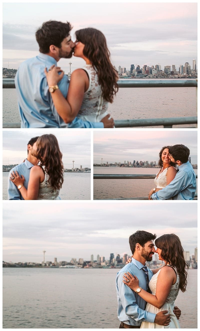 alki beach engagement session seattle beach at sunset couple orange sunset space needle