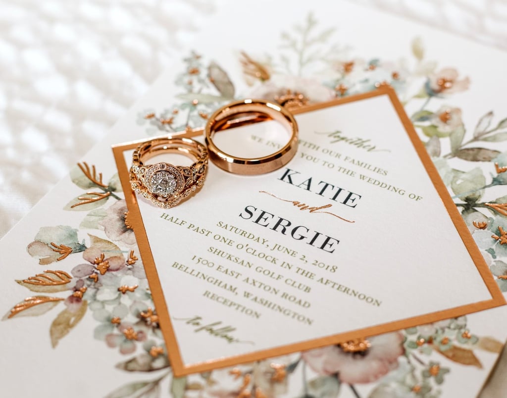 rose gold bellingham wedding invitation and rings