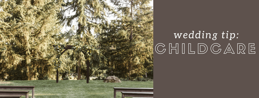 Premier Snohomish & Seattle Wedding Photographer | GSquared Weddings Photography Outdoor wedding ceremony setup with wooden benches and a floral arch in a lush Snohomish forest. Right side of the image features a brown background with text: wedding tip: CHILDCARE. Perfect inspiration for your Seattle Wedding Engagement. 47.9129° N, 122.0982° W | Serving Snohomish, Seattle , Orlando & Beyond