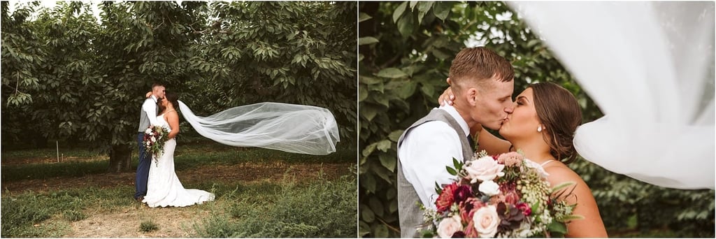 Premier Snohomish & Seattle Wedding Photographer | GSquared Weddings Photography A joyful bride and groom kiss outdoors under trees at their Snohomish wedding. The bride’s long veil flows behind her as she holds a bouquet of pink and white flowers, perfectly capturing Seattle engagement bliss. 47.9129° N, 122.0982° W | Serving Snohomish, Seattle , Orlando & Beyond