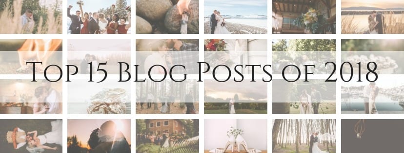 Premier Snohomish & Seattle Wedding Photographer | GSquared Weddings Photography A collage of romantic and nature-themed photos from Snohomish Seattle wedding and engagement sessions, with the text Top 15 Blog Posts of 2018 in the center over a translucent banner. 47.9129° N, 122.0982° W | Serving Snohomish, Seattle , Orlando & Beyond