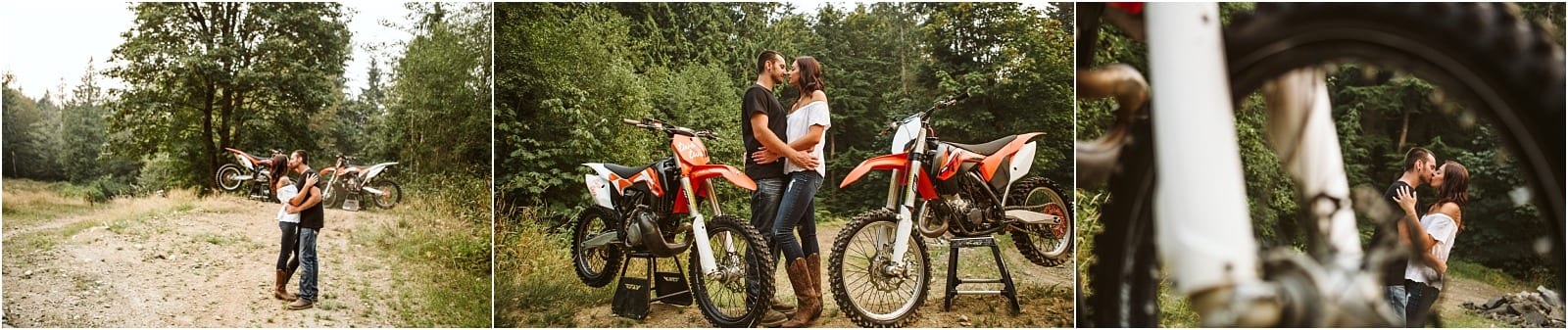 Premier Snohomish & Seattle Wedding Photographer | GSquared Weddings Photography A couple stands outdoors with two dirt bikes, embracing and smiling at each other in a wooded, natural setting—perfect for a Snohomish Seattle wedding engagement. One close-up shows them kissing, framed between the bikes. 47.9129° N, 122.0982° W | Serving Snohomish, Seattle , Orlando & Beyond