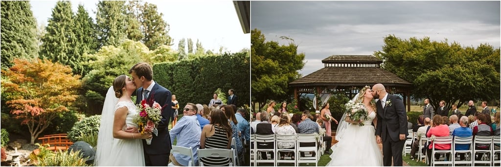 Premier Snohomish & Seattle Wedding Photographer | GSquared Weddings Photography A bride and groom share a kiss outdoors during their Snohomish wedding ceremony. Guests sit on white chairs, with a wooden gazebo and lush greenery visible in the background under a cloudy sky. 47.9129° N, 122.0982° W | Serving Snohomish, Seattle , Orlando & Beyond