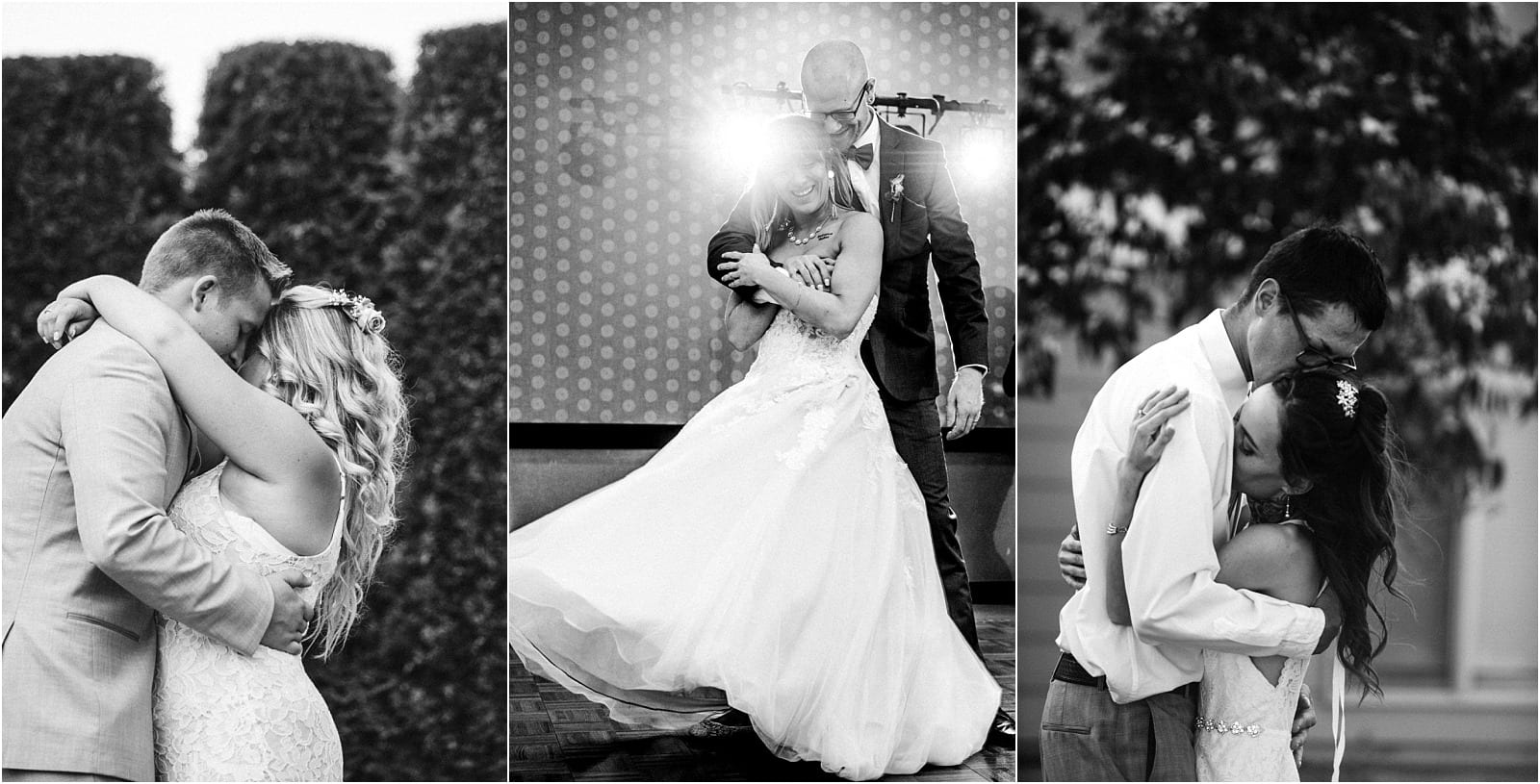 Premier Snohomish & Seattle Wedding Photographer | GSquared Weddings Photography Triptych of black-and-white Snohomish wedding photos showing three couples dancing closely, sharing intimate, joyful moments; the brides wear white dresses, and the grooms wear suits. 47.9129° N, 122.0982° W | Serving Snohomish, Seattle , Orlando & Beyond