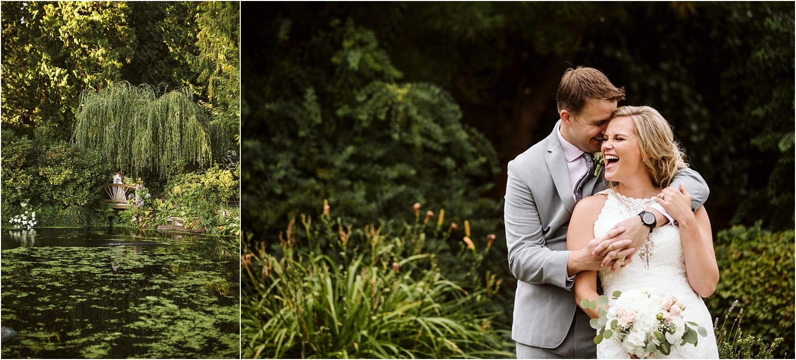 Premier Snohomish & Seattle Wedding Photographer | GSquared Weddings Photography A bride and groom laugh joyfully while embracing in a lush garden during their Snohomish wedding. Nearby, a pond with a weeping willow and greenery creates a peaceful, romantic atmosphere for this Seattle engagement. 47.9129° N, 122.0982° W | Serving Snohomish, Seattle , Orlando & Beyond