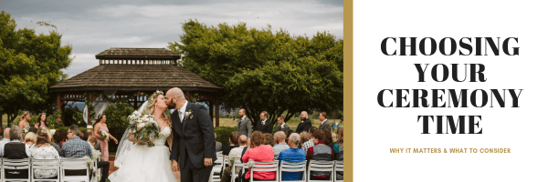 Premier Snohomish & Seattle Wedding Photographer | GSquared Weddings Photography A bride and groom kiss at an outdoor Snohomish wedding ceremony, surrounded by guests in white chairs, with a wooden gazebo and green trees in the background. Text reads: Choosing Your Ceremony Time. 47.9129° N, 122.0982° W | Serving Snohomish, Seattle , Orlando & Beyond