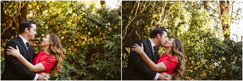 Premier Snohomish & Seattle Wedding Photographer | GSquared Weddings Photography A man in a black suit and a woman in a red dress smile at each other in the first frame and share a kiss in the second, standing outdoors amid lush green foliage during their Snohomish Seattle wedding engagement. 47.9129° N, 122.0982° W | Serving Snohomish, Seattle , Orlando & Beyond
