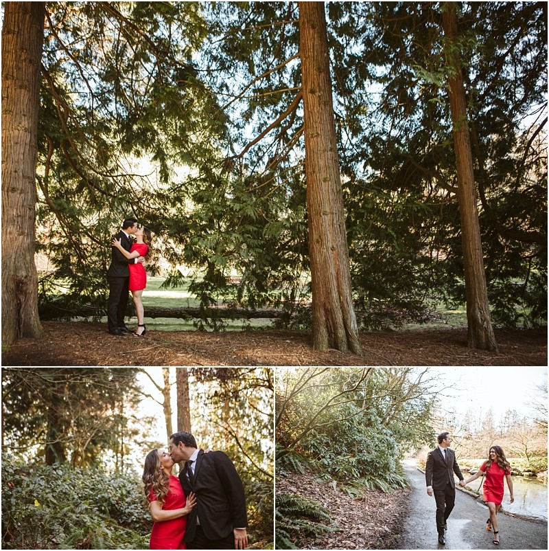 Premier Snohomish & Seattle Wedding Photographer | GSquared Weddings Photography A couple in formal attire, the woman in a red dress and the man in a dark suit, pose affectionately and walk hand-in-hand through a sunlit, wooded park with tall trees and lush greenery for their Snohomish Seattle wedding engagement. 47.9129° N, 122.0982° W | Serving Snohomish, Seattle , Orlando & Beyond
