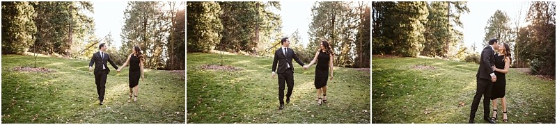 Premier Snohomish & Seattle Wedding Photographer | GSquared Weddings Photography A couple dressed formally holds hands and walks together through a grassy, tree-lined park in Snohomish, smiling and embracing in a series of three side-by-side Seattle wedding engagement photos. 47.9129° N, 122.0982° W | Serving Snohomish, Seattle , Orlando & Beyond