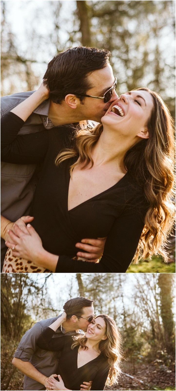 Premier Snohomish & Seattle Wedding Photographer | GSquared Weddings Photography A couple stands outdoors in sunlight, laughing and embracing closely. In the top image, the man kisses the woman on the cheek as she smiles. In the bottom image, they hold each other, smiling warmly during their Snohomish Seattle engagement. 47.9129° N, 122.0982° W | Serving Snohomish, Seattle , Orlando & Beyond