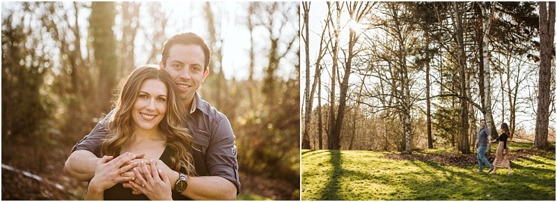 Premier Snohomish & Seattle Wedding Photographer | GSquared Weddings Photography A smiling couple embraces in a sunlit, wooded Snohomish area in one photo; in the next, they walk hand in hand across a grassy clearing surrounded by tall trees with warm sunlight streaming through—a perfect Seattle engagement moment. 47.9129° N, 122.0982° W | Serving Snohomish, Seattle , Orlando & Beyond