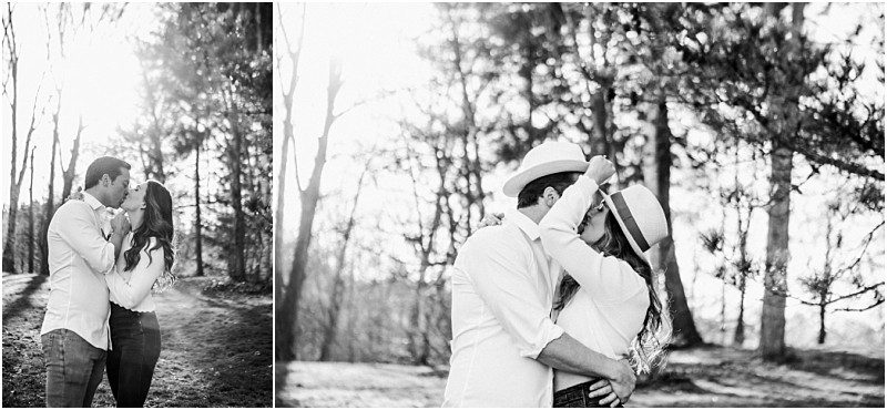Premier Snohomish & Seattle Wedding Photographer | GSquared Weddings Photography Black-and-white photos of a couple kissing outdoors on a sunlit path surrounded by trees. Perfect for a Snohomish Seattle wedding engagement, they embrace closely in casual clothes and hats as sunlight filters through the leaves. 47.9129° N, 122.0982° W | Serving Snohomish, Seattle , Orlando & Beyond