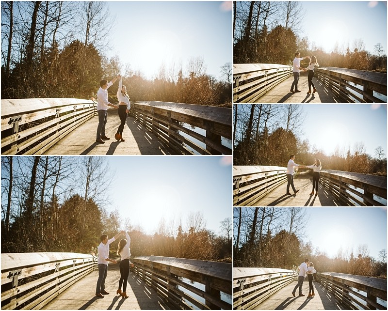 Premier Snohomish & Seattle Wedding Photographer | GSquared Weddings Photography Five photos show a couple dancing and holding hands on a wooden bridge in sunlight during their Snohomish engagement, with trees and blue sky in the background. The atmosphere is bright and joyful. 47.9129° N, 122.0982° W | Serving Snohomish, Seattle , Orlando & Beyond